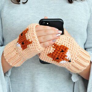 Handmade Peach Fox Fingerless Gloves, Crochet Wrist Warmers Made in Canada